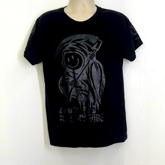 Fresh Laundry - Don’t Kill My Vibe Smiley Grim Reaper Black Short Sleeve T Large - Picture 1 of 12